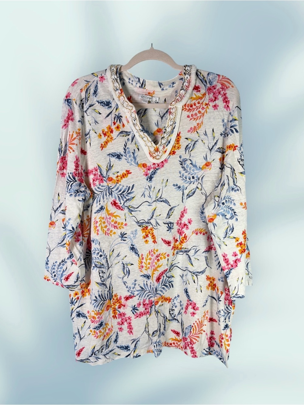 Chico’s Linen Nautical Embellished Tunic Floral Top 4/XXL Coastal Chic Resort